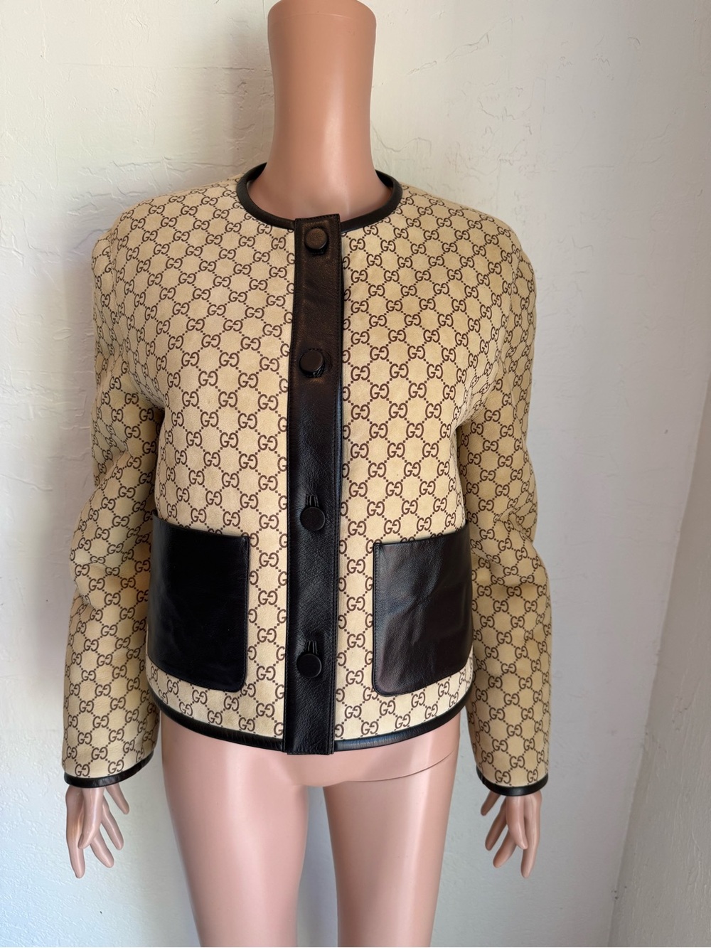 Gucci Shearling Beige/Brown GG Jacquard Jacket Leather Trim Women’s Size 44 US-L